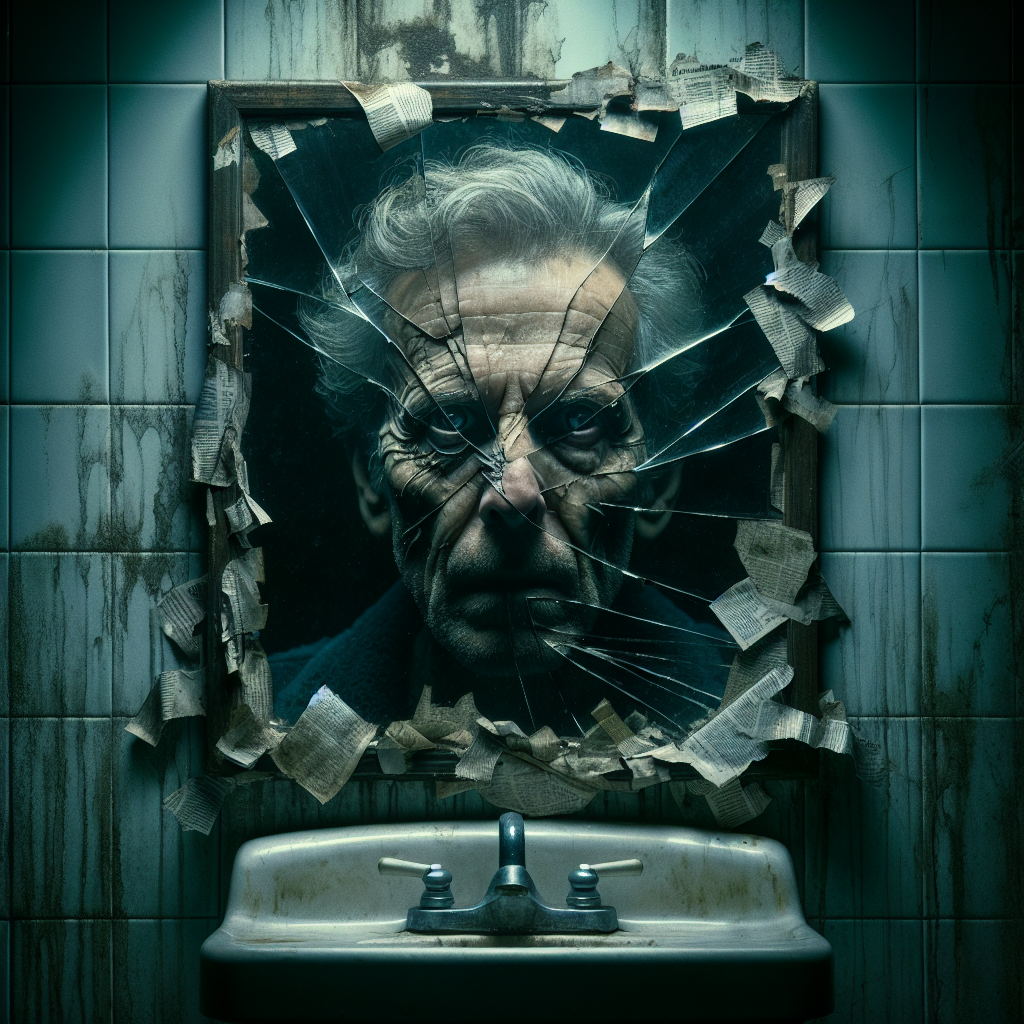 A mirror covered in newspaper and duct tape — but through the gaps, Dylan Thair's face stares back instead of the narrator's reflection