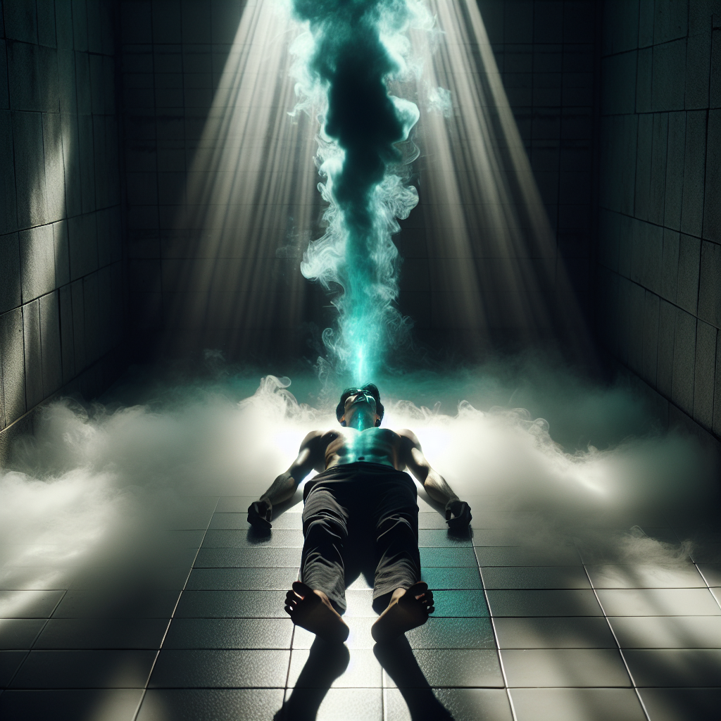 Figure lying on cold bathroom tiles — transcendence beginning, a spark of fire growing from within, reality shifting