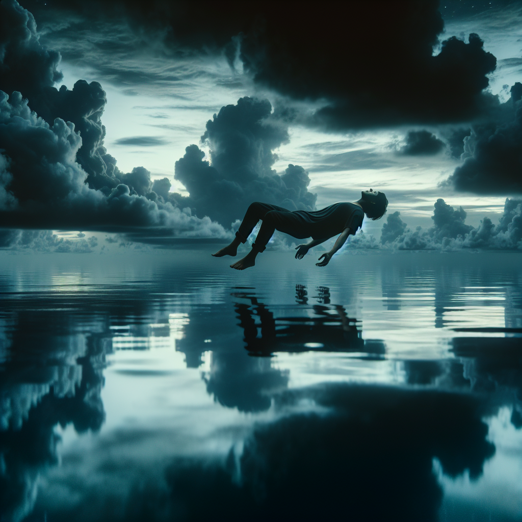 Figure floating in dark water under cloudy skies — ocean reflecting inner turmoil and strange calm simultaneously