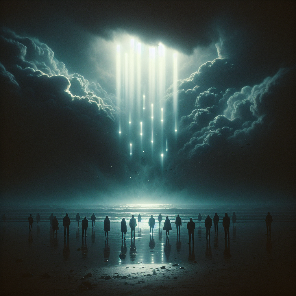 Line of satellites visible through rolling clouds — cosmic train in night sky, stoners on beach watching