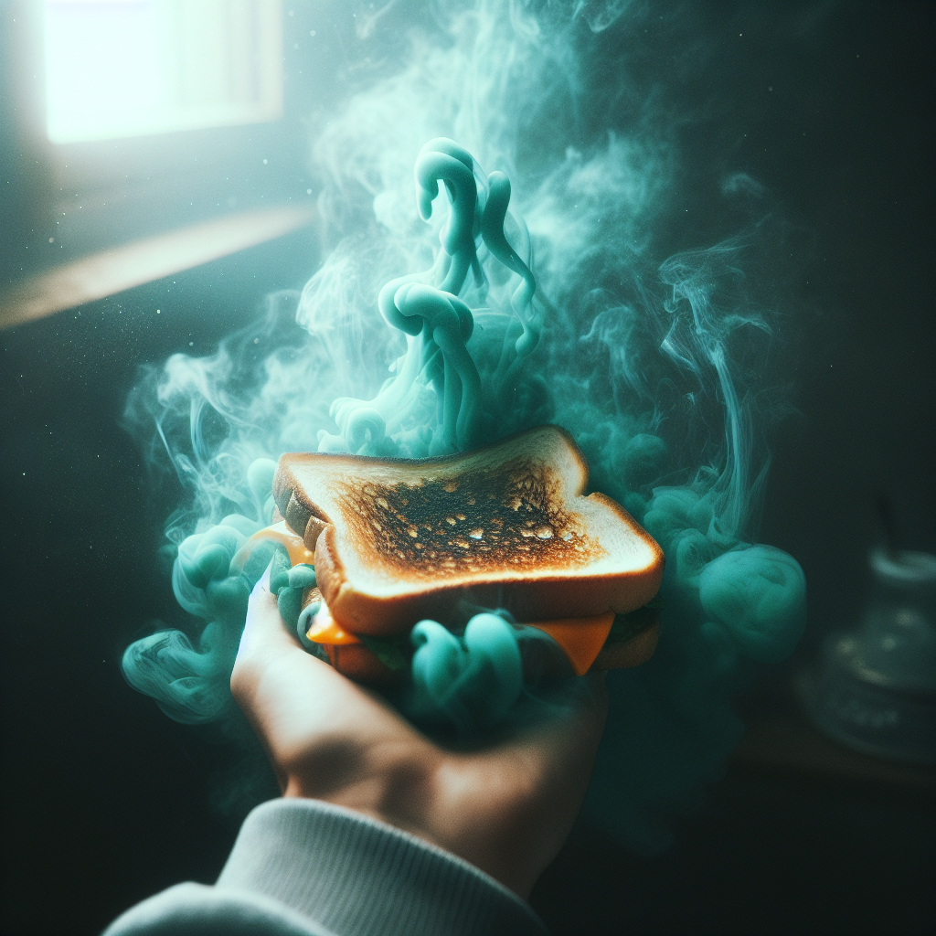 A grilled cheese sandwich seen through acid eyes — molecules visible, glowing, alive