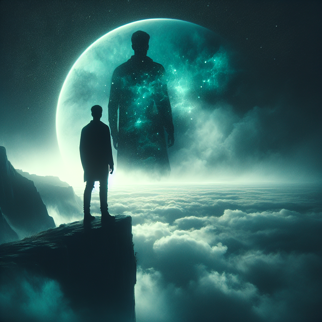 A human silhouette dissolving into stars and galaxies — the question of identity against infinity