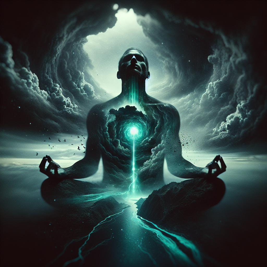 Figure in meditation — veins as rivers, breath as wind, heartbeat as cosmic pulse