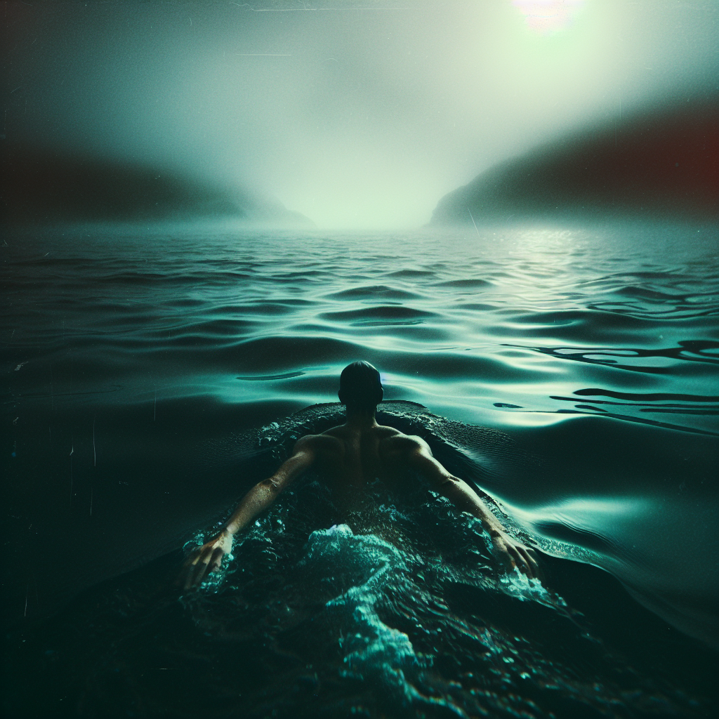 Dawn breaking over the Pacific — lone figure swimming toward the horizon, energy visible as colored auras around the body