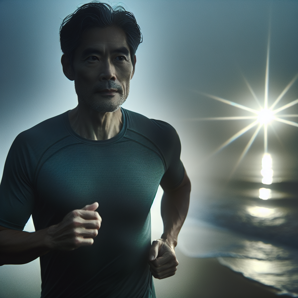 Mysterious figure approaching on the beach at dawn — eyes fixed on a brilliant point of light in the pre-dawn sky, radiating enigmatic energy